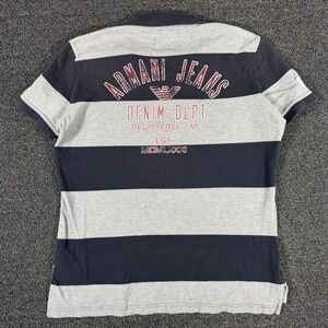 Armani Jeans Mens XL Polo Shirt Navy Blue Grey Striped Big Spellout Graphic Y2K